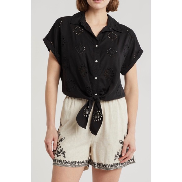 Elie Tahari Tops - Elie Elie Tahari Black Eyelet Embroidered Tie Front Short Sleeve Shirt NWT